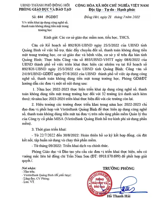 Văn bản chỉ đạo của Phong Giáo Dục và Đào Tạo Thành Phố Đồi Hới năm học 2022-2023